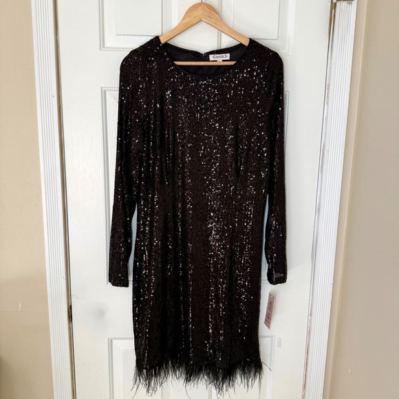 Nanette Lepore Womens Sequin Feather Trim Cocktail long slv Dress Black 16 $198 - Picture 3 of 11